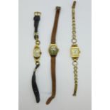 Three lady's wristwatches, a 9ct gold cased Omega, one other 9ct gold cased and one 18ct gold cased