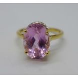 A 14ct gold, kunzite and twelve diamond ring, 4.5g, S, 7ct kunzite stone