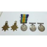 Five WWI medals; a pair to 19943 Sjt. W. Sandiford Welsh Regiment, a Star to 289466 W.E. Jacka, L.