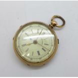 A 9ct gold cased pocket watch, the dial marked Patent Lever Chronograph, 48mm case, a/f