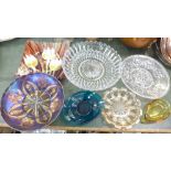 A carnival glass bowl, a modern glass dish and other glass dishes