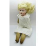 A bisque head doll, open/closed eyes, open mouth, 36cm