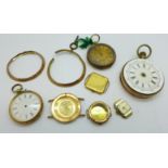 Gold watch cases for scrap or repair; three 9ct gold wristwatch cases, a/f, 11.8g, an 18ct gold