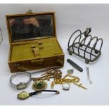 A collection of jewellery, two watches, a plated toast rack and a box
