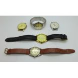 Five wristwatches including Marvin and Rotary, a/f