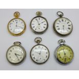 Three silver cased pocket watches, one a/f, a gold plated pocket watch, dial a/f, a Services Army