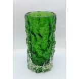 A Whitefriars glass bark vase in green, 15cm