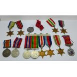WWII medals, a WWI British War Medal to 28351 Pte. C.A. Perry Bedford Regiment, etc.