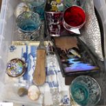 Assorted items, liqueur glasses, two letter openers, paperweights, two tiles, a Dutch picture and