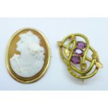 An amethyst set brooch and a cameo brooch