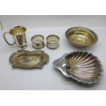 Six silver items; three dishes including one Art Nouveau dated Birmingham 1904, a christening mug
