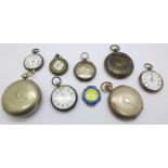 Two silver pocket watch cases, 151g, three silver fob watches, a silver fob watch case, 17g, a