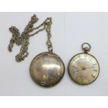 A silver compact on a chain and a white metal cased fob watch