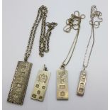 Four silver ingot pendants and three chains, 88g