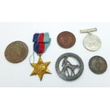 A commemorative Hudson Bay Company medallion, Quebec Bank token, two other medallions and two WWII