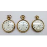 Three pocket watches, Elgin, Waltham Traveler and one with dial marked J.W. Cassidy, Birmingham