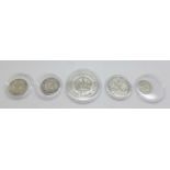 Five Australian silver coins;- George V 1931 florin, 1914 and 1922 shillings, 1926 sixpence and a