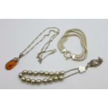 Two silver bracelets and a silver chain with pendant, total weight 64g