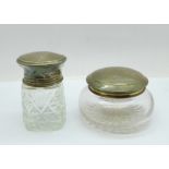 A silver topped glass jar and a silver salts jar lid, a/f, with a mismatched glass jar base, 19g
