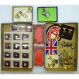 A collection of plated tie and collar pins and a collection of cufflinks