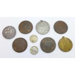 Nine assorted coins and medals including two WWI medals, (with City of Aberdeen Art Gallery and