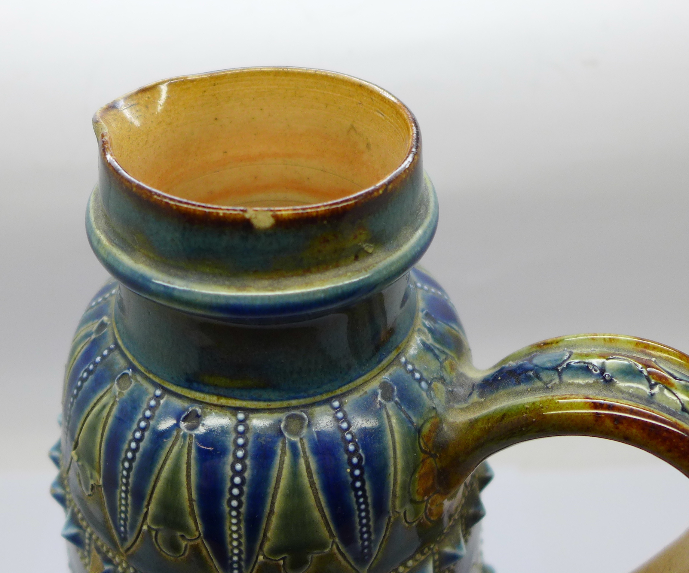 A Doulton Lambeth stoneware jug, 1877 mark, chip to rim and base, 24.5cm - Image 4 of 6