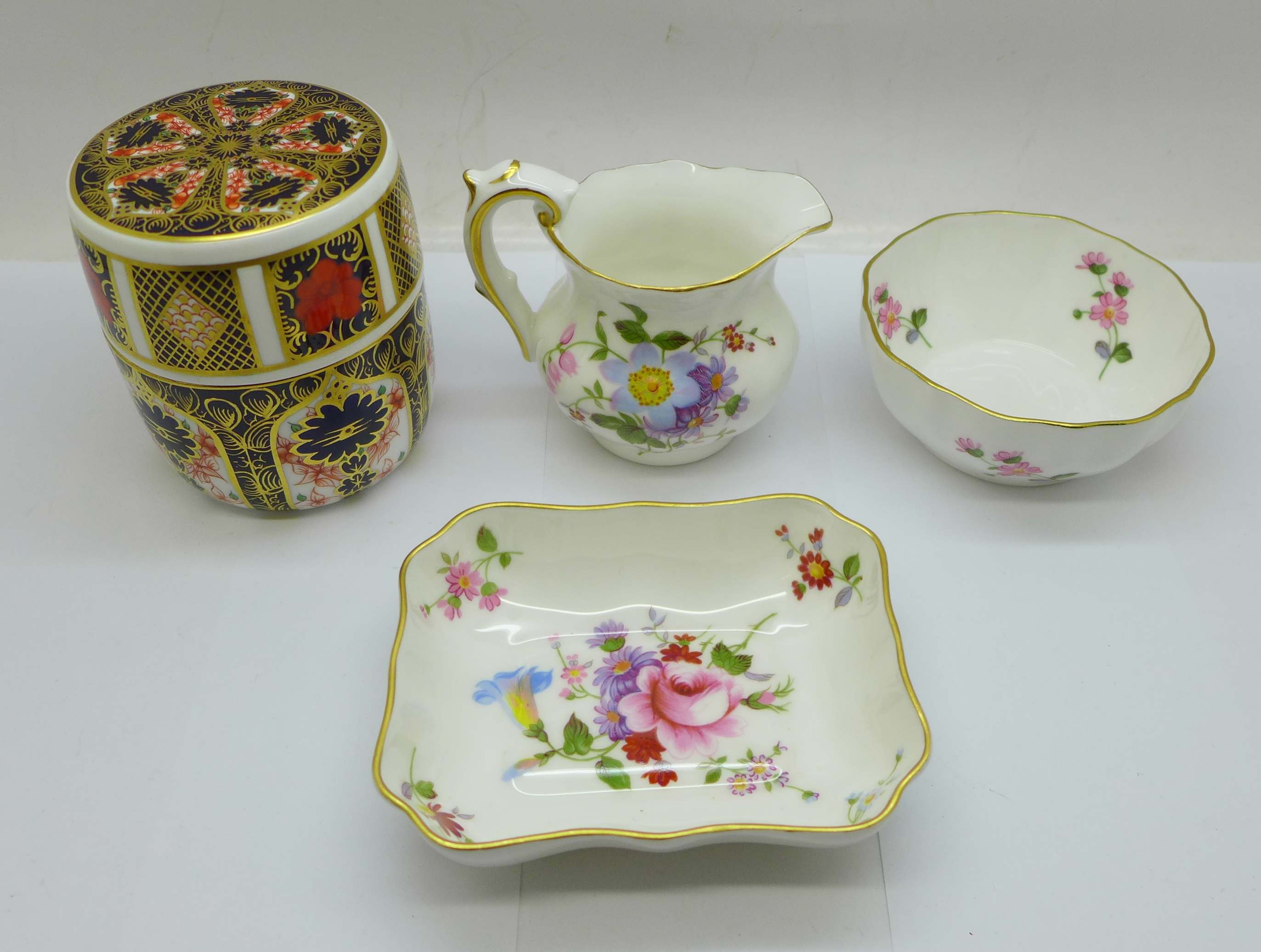 A Royal Crown Derby 1128 Imari table lighter and three items of Derby Posies