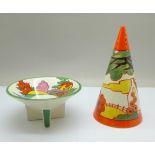 From the Wedgwood Bizarre by Clarice Cliff Collection, a Conical Sugar Shaker in the 'Farmhouse'