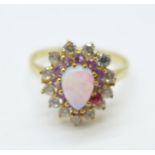 A 9ct gold, synthetic opal, pink and white stone cluster ring, 3.1g, T