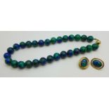 A green lapis lazuli bead necklace with 9ct gold clasp and a pair of similar 9ct gold mounted
