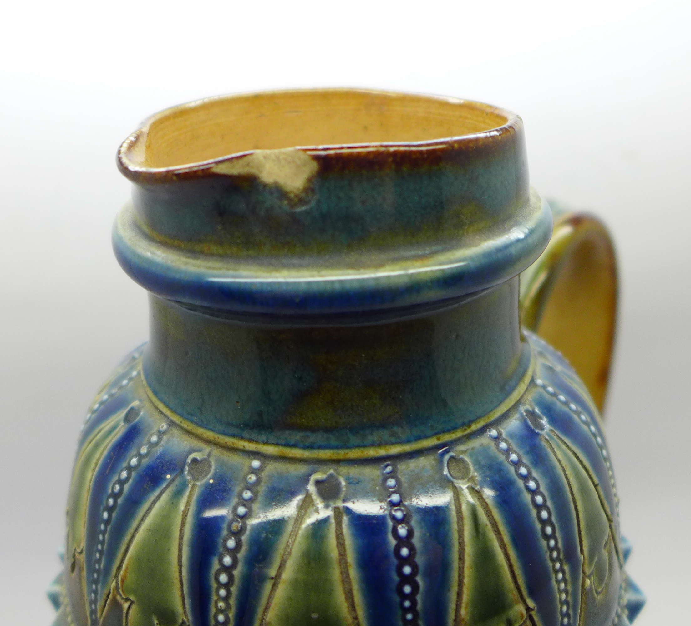 A Doulton Lambeth stoneware jug, 1877 mark, chip to rim and base, 24.5cm - Image 3 of 6