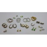 Fourteen pairs of earrings including silver, some a/f, and two single earrings