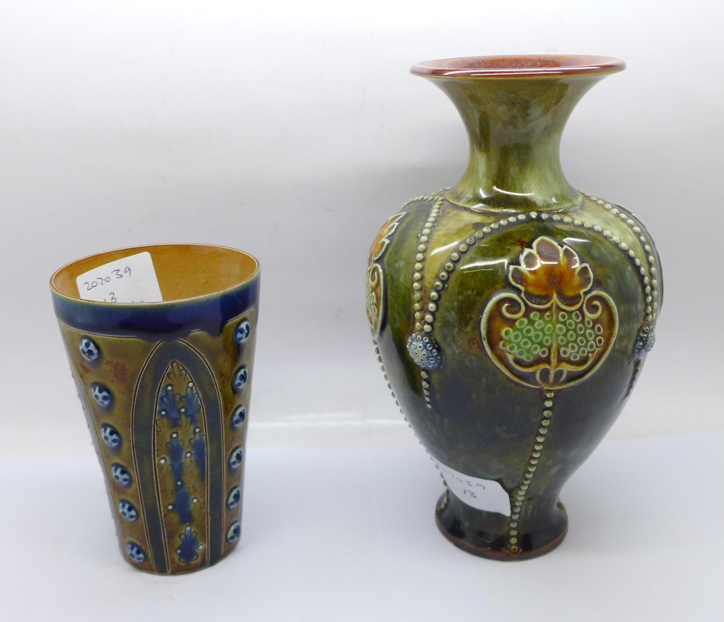 A Royal Doulton stoneware vase, 3425A mark and a Doulton Lambeth beaker, 1877 mark - Image 2 of 4