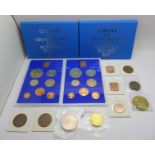 Two Royal Mint sets of 1977 Coinage of Great Britain and Northern Ireland and various coins