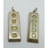 Two 1 troy ounce silver ingots, total weight 62.2g
