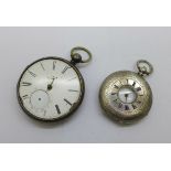 A lady's half hunter silver pocket watch and one other silver pocket watch, a/f