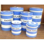 Six T.G. Green storage jars, all named (black backstamp)