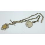 A silver double Albert chain with 1840 one rupee coin fob and a Victorian silver fob medal, all liks