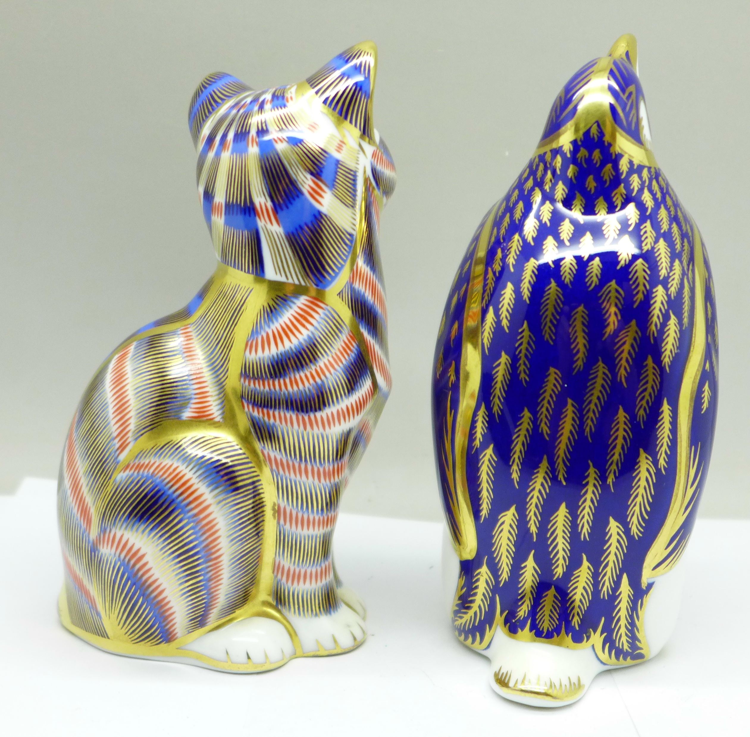 Two Royal Crown Derby paperweights, penguin and cat with silver stopper - Image 2 of 3