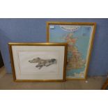 A greyhound print and a British Isles school room map