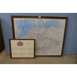An escape and evasion silk map, framed and a framed document