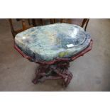 A Chinese naturalistic root wood and green hardstone table