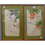 A set of five Chinese still life paintings on silk, 39 x 22cms, framed and one other