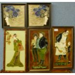 Four framed tiles, two Art Nouveau subjects, a Dickens subject and a Japanese Geisha girl