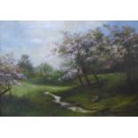 English School, springtime with trees in blossom and a figure seated by a stream, oil on canvas,
