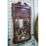 A George II style red chinoiserie lacquered frame mirror, 70cms h