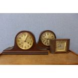 Two oak mantel clocks and an electric clock