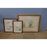 A Sir William Russell Flint print and two ink and pastel drawings