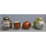 A collection of Japanese items including ginger jars and a Japanese teapot, all hand painted
