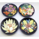 Four Moorcroft coasters, Panache 78014, given to collectors who renewed membership 2004, May Lily